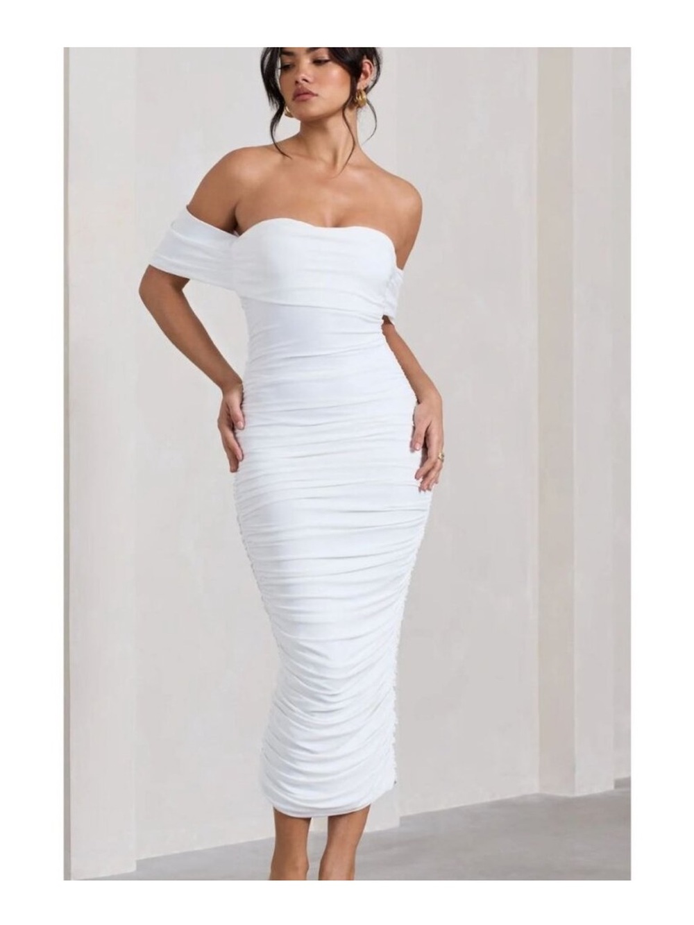 NWT Club L London Lost For Words Bardot White Ruched Draped Midi Dress Women's 8